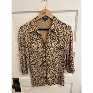 J. McLaughlin Women's Silk Brown Leopard Print Button Down Tab Sleeves Small
